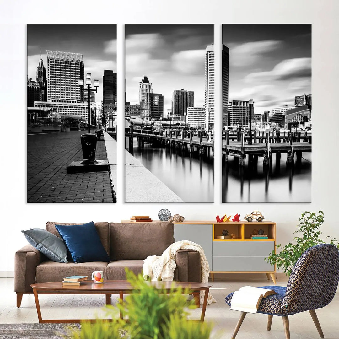 The Baltimore City Cloudy Skyline Black and White Wall Art Cityscape Canvas Print, crafted with museum-quality standards and a UV-protective coating, showcases timeless elegance by professional craftsmen.