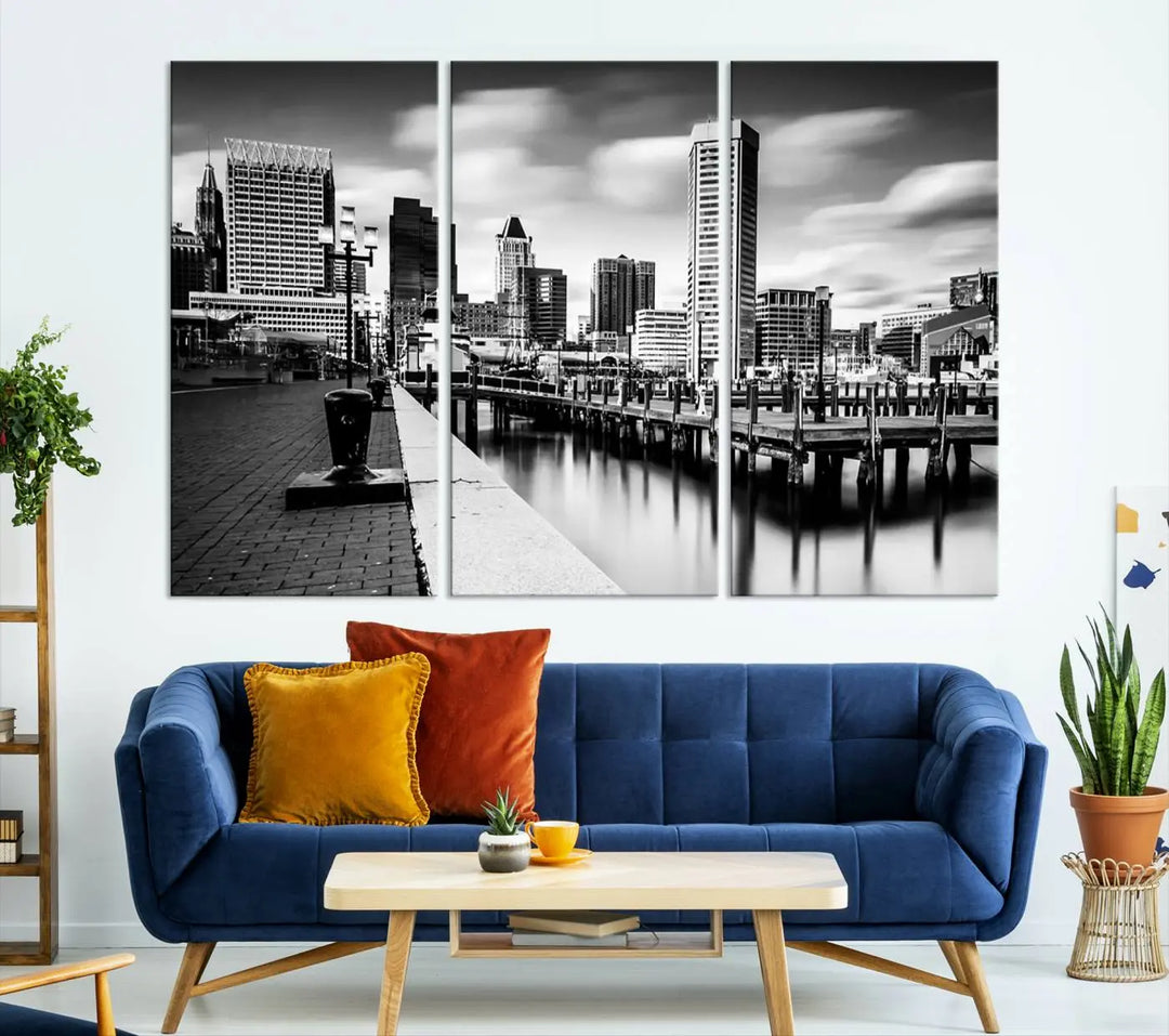 The Baltimore City Cloudy Skyline Black and White Wall Art Cityscape Canvas Print, crafted with museum-quality standards and a UV-protective coating, showcases timeless elegance by professional craftsmen.