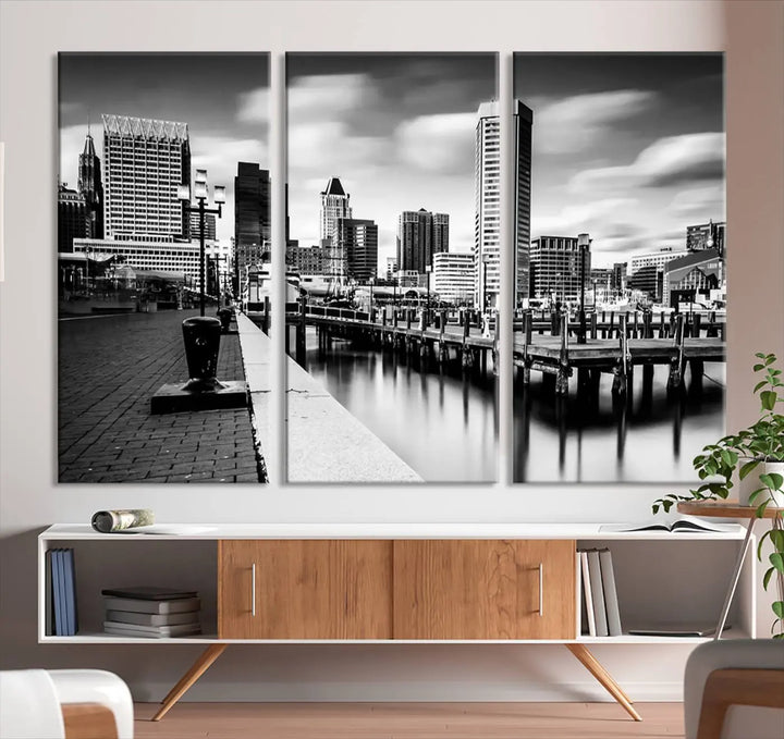 The Baltimore City Cloudy Skyline Black and White Wall Art Cityscape Canvas Print, crafted with museum-quality standards and a UV-protective coating, showcases timeless elegance by professional craftsmen.