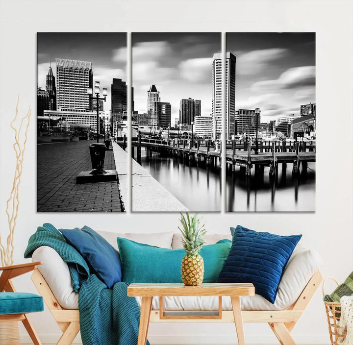 The Baltimore City Cloudy Skyline Black and White Wall Art Cityscape Canvas Print, crafted with museum-quality standards and a UV-protective coating, showcases timeless elegance by professional craftsmen.