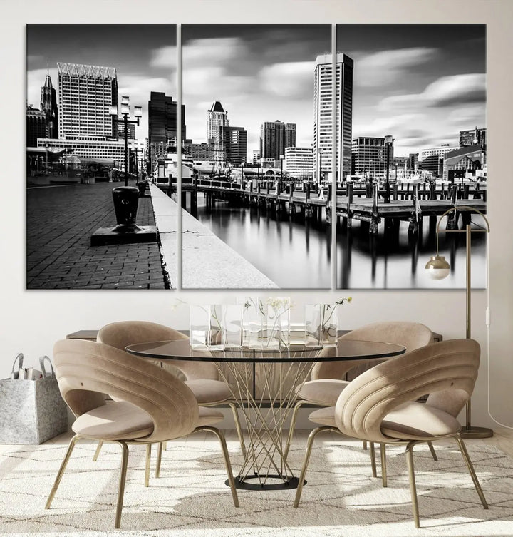 The Baltimore City Cloudy Skyline Black and White Wall Art Cityscape Canvas Print, crafted with museum-quality standards and a UV-protective coating, showcases timeless elegance by professional craftsmen.