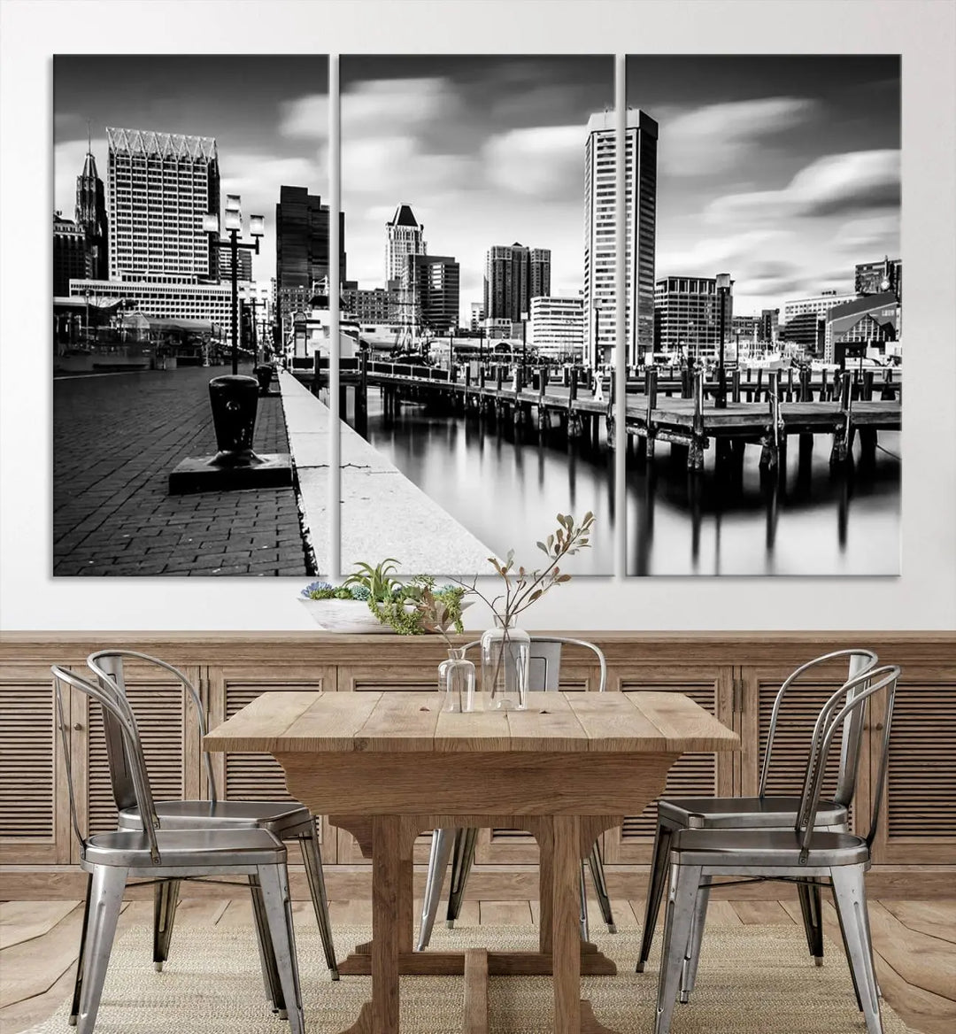 The Baltimore City Cloudy Skyline Black and White Wall Art Cityscape Canvas Print, crafted with museum-quality standards and a UV-protective coating, showcases timeless elegance by professional craftsmen.