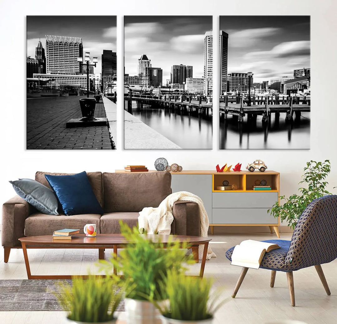 The Baltimore City Cloudy Skyline Black and White Wall Art Cityscape Canvas Print, crafted with museum-quality standards and a UV-protective coating, showcases timeless elegance by professional craftsmen.