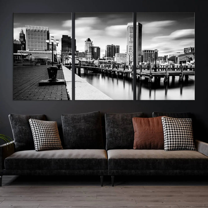 The Baltimore City Cloudy Skyline Black and White Wall Art Cityscape Canvas Print, crafted with museum-quality standards and a UV-protective coating, showcases timeless elegance by professional craftsmen.