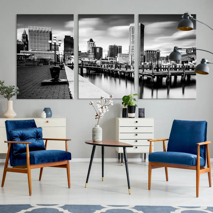 The Baltimore City Cloudy Skyline Black and White Wall Art Cityscape Canvas Print, crafted with museum-quality standards and a UV-protective coating, showcases timeless elegance by professional craftsmen.