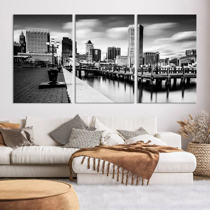 The Baltimore City Cloudy Skyline Black and White Wall Art Cityscape Canvas Print, crafted with museum-quality standards and a UV-protective coating, showcases timeless elegance by professional craftsmen.