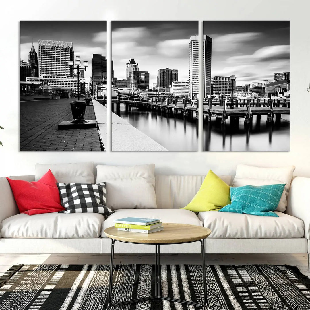 The Baltimore City Cloudy Skyline Black and White Wall Art Cityscape Canvas Print, crafted with museum-quality standards and a UV-protective coating, showcases timeless elegance by professional craftsmen.