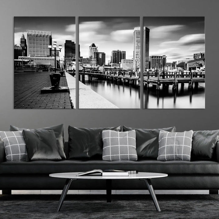 The Baltimore City Cloudy Skyline Black and White Wall Art Cityscape Canvas Print, crafted with museum-quality standards and a UV-protective coating, showcases timeless elegance by professional craftsmen.