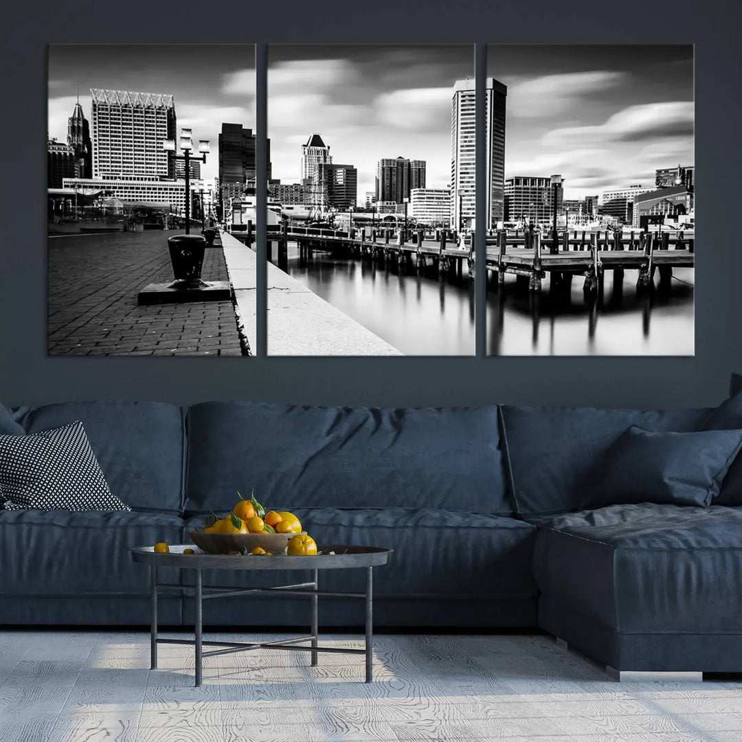 The Baltimore City Cloudy Skyline Black and White Wall Art Cityscape Canvas Print, crafted with museum-quality standards and a UV-protective coating, showcases timeless elegance by professional craftsmen.