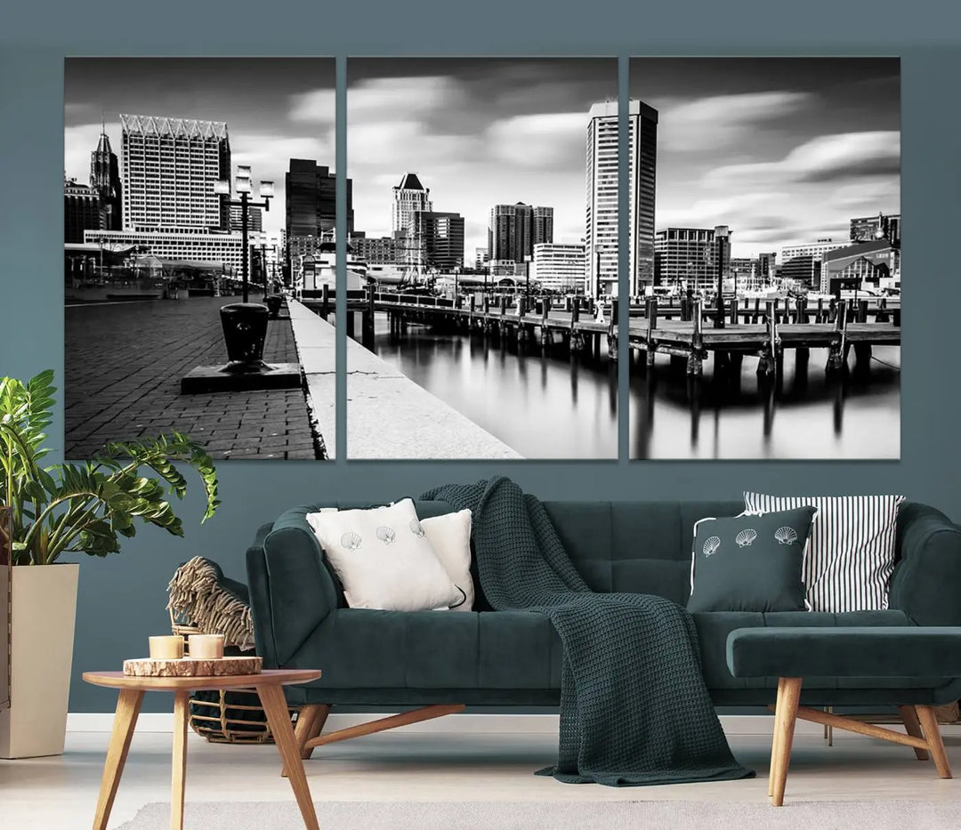 The Baltimore City Cloudy Skyline Black and White Wall Art Cityscape Canvas Print, crafted with museum-quality standards and a UV-protective coating, showcases timeless elegance by professional craftsmen.