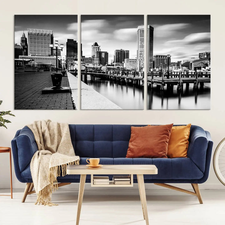 The Baltimore City Cloudy Skyline Black and White Wall Art Cityscape Canvas Print, crafted with museum-quality standards and a UV-protective coating, showcases timeless elegance by professional craftsmen.