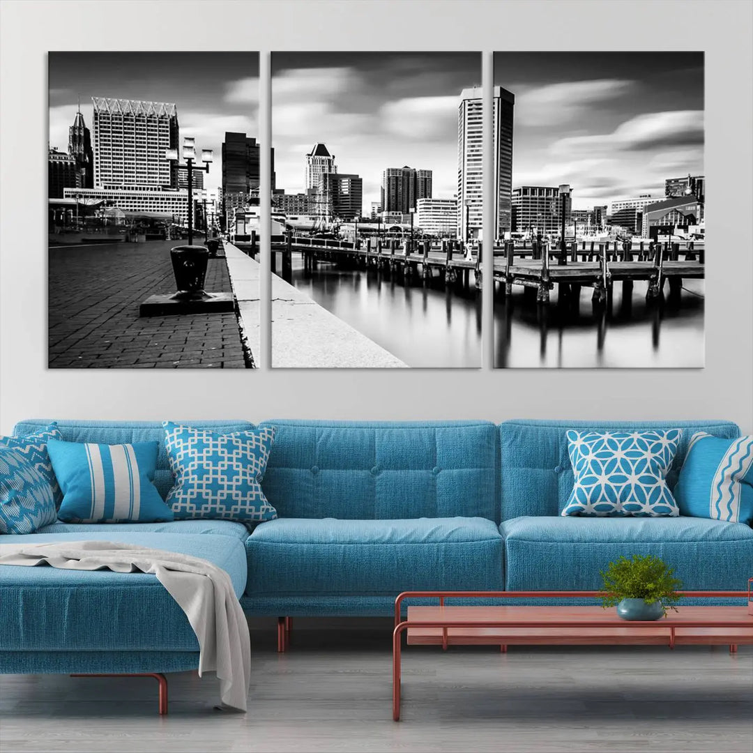 The Baltimore City Cloudy Skyline Black and White Wall Art Cityscape Canvas Print, crafted with museum-quality standards and a UV-protective coating, showcases timeless elegance by professional craftsmen.