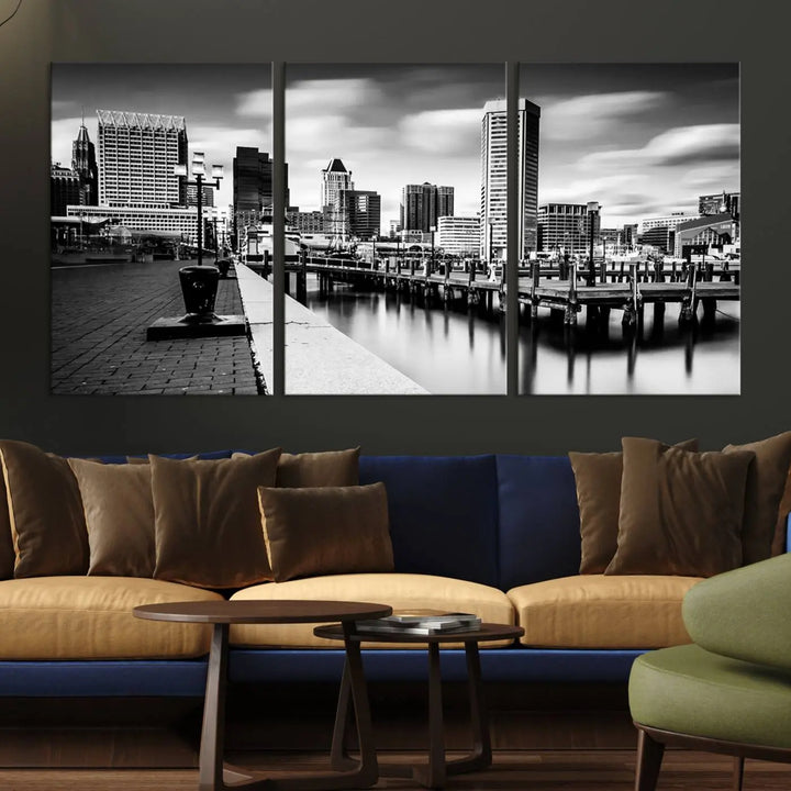 The Baltimore City Cloudy Skyline Black and White Wall Art Cityscape Canvas Print, crafted with museum-quality standards and a UV-protective coating, showcases timeless elegance by professional craftsmen.