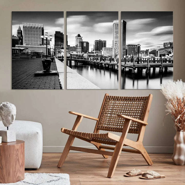 The Baltimore City Cloudy Skyline Black and White Wall Art Cityscape Canvas Print, crafted with museum-quality standards and a UV-protective coating, showcases timeless elegance by professional craftsmen.