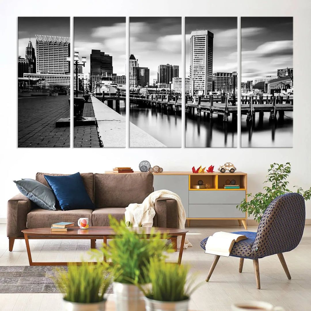 The Baltimore City Cloudy Skyline Black and White Wall Art Cityscape Canvas Print, crafted with museum-quality standards and a UV-protective coating, showcases timeless elegance by professional craftsmen.