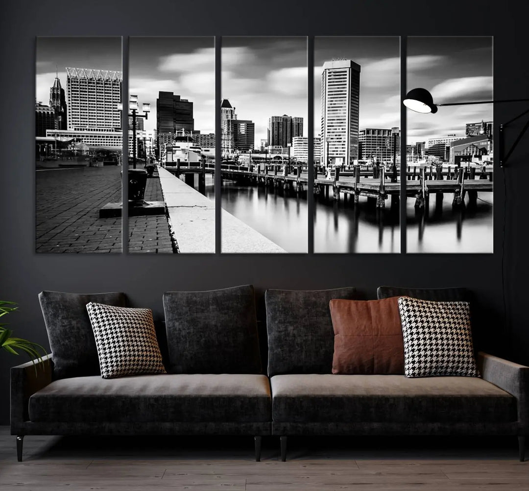 The Baltimore City Cloudy Skyline Black and White Wall Art Cityscape Canvas Print, crafted with museum-quality standards and a UV-protective coating, showcases timeless elegance by professional craftsmen.