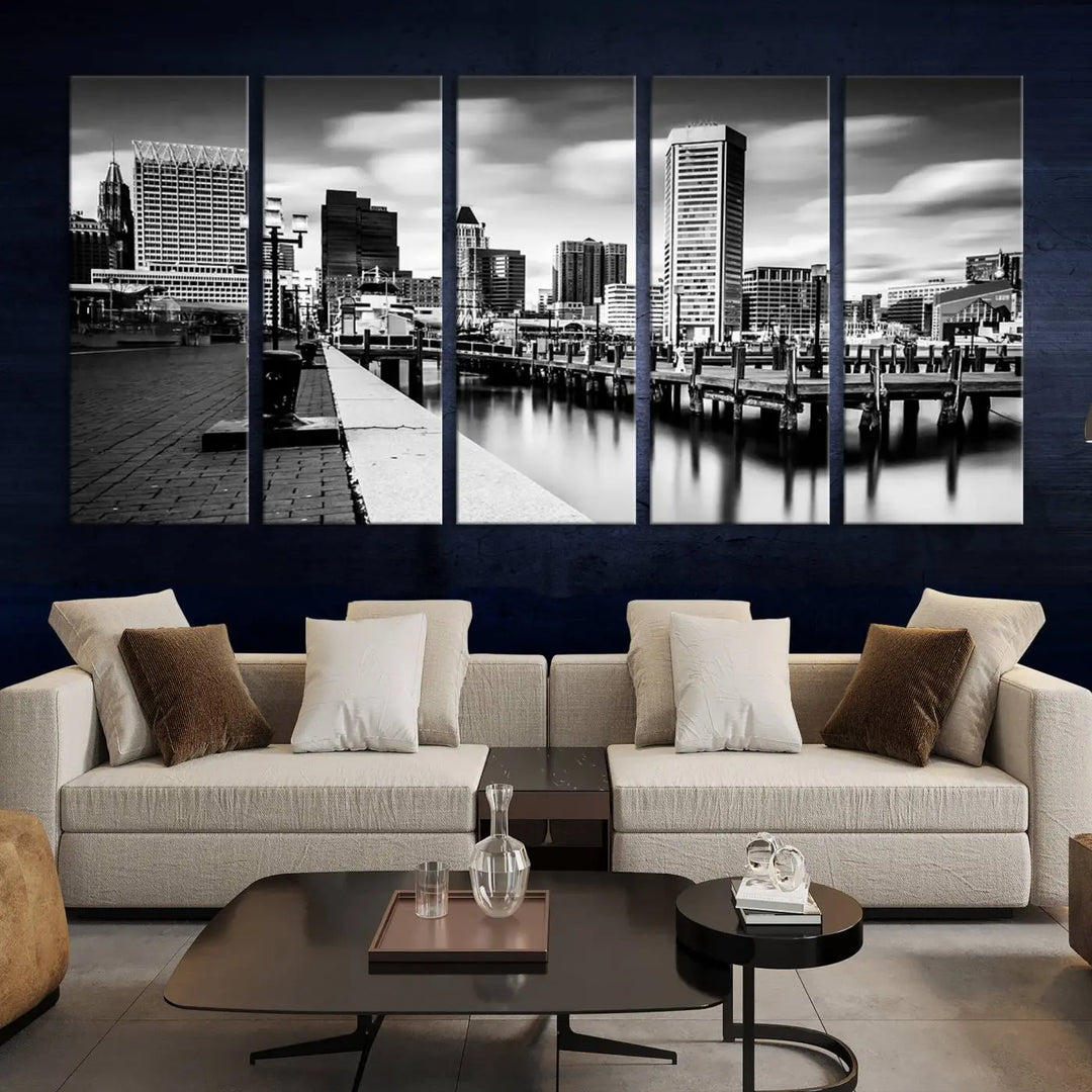 The Baltimore City Cloudy Skyline Black and White Wall Art Cityscape Canvas Print, crafted with museum-quality standards and a UV-protective coating, showcases timeless elegance by professional craftsmen.