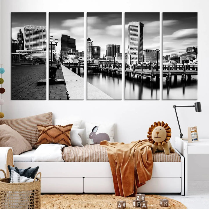 The Baltimore City Cloudy Skyline Black and White Wall Art Cityscape Canvas Print, crafted with museum-quality standards and a UV-protective coating, showcases timeless elegance by professional craftsmen.