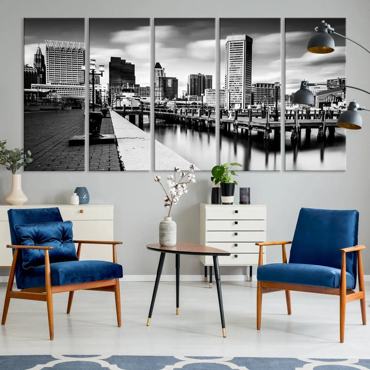 The Baltimore City Cloudy Skyline Black and White Wall Art Cityscape Canvas Print, crafted with museum-quality standards and a UV-protective coating, showcases timeless elegance by professional craftsmen.