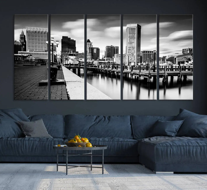 The Baltimore City Cloudy Skyline Black and White Wall Art Cityscape Canvas Print, crafted with museum-quality standards and a UV-protective coating, showcases timeless elegance by professional craftsmen.