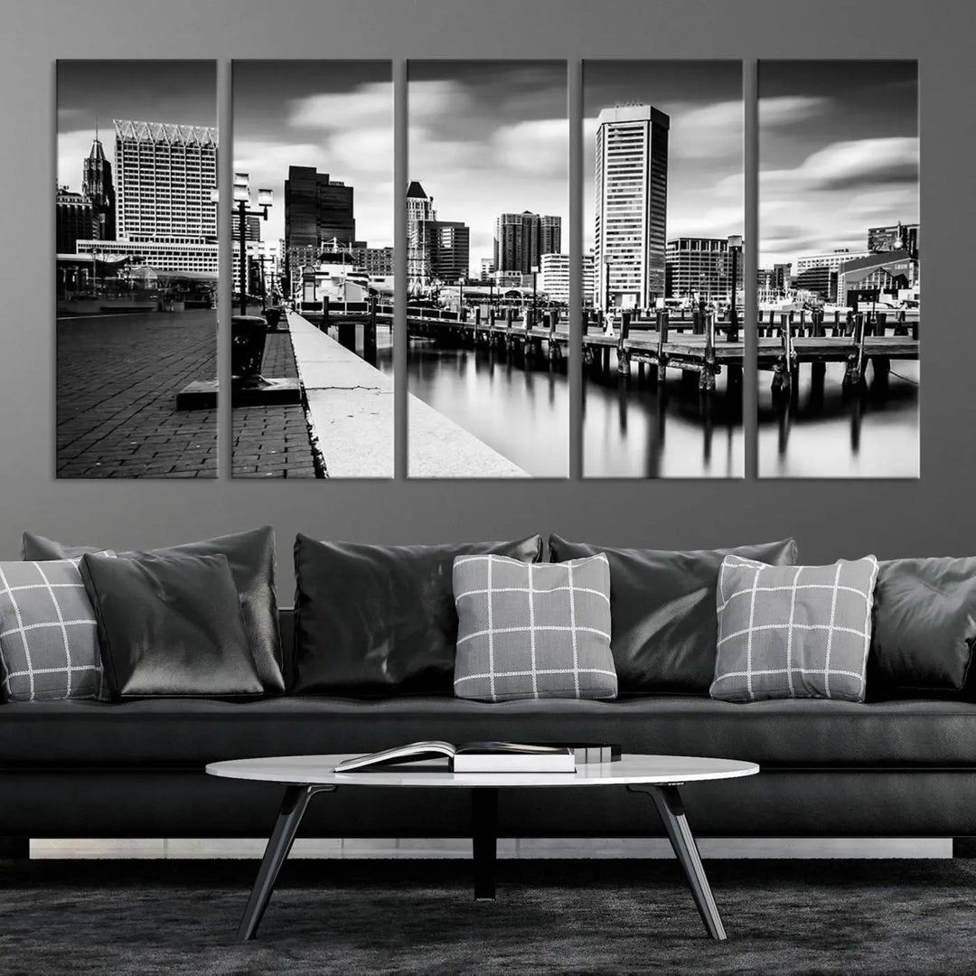 The Baltimore City Cloudy Skyline Black and White Wall Art Cityscape Canvas Print, crafted with museum-quality standards and a UV-protective coating, showcases timeless elegance by professional craftsmen.