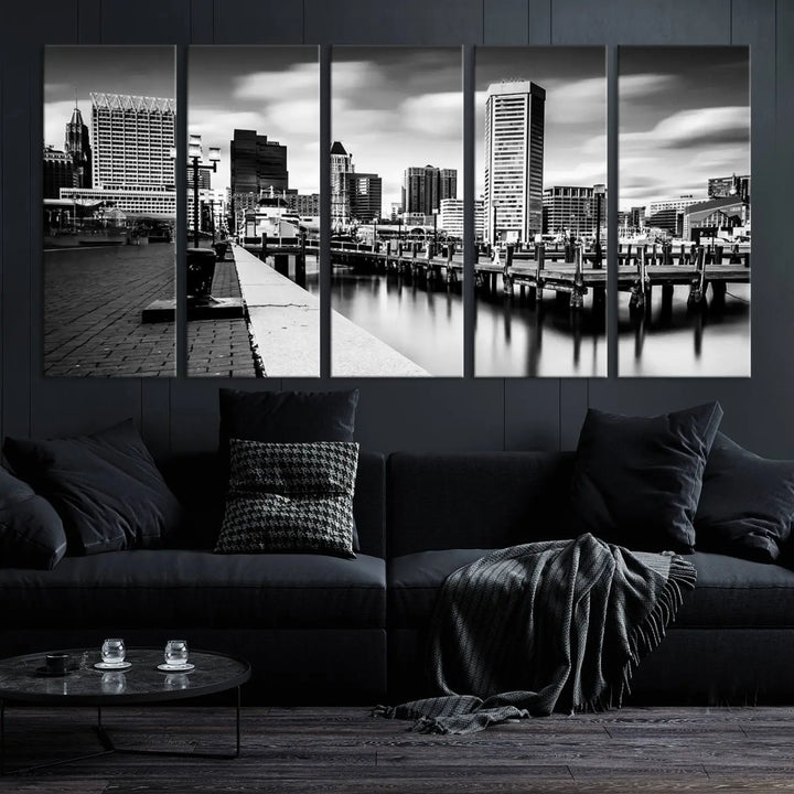 The Baltimore City Cloudy Skyline Black and White Wall Art Cityscape Canvas Print, crafted with museum-quality standards and a UV-protective coating, showcases timeless elegance by professional craftsmen.