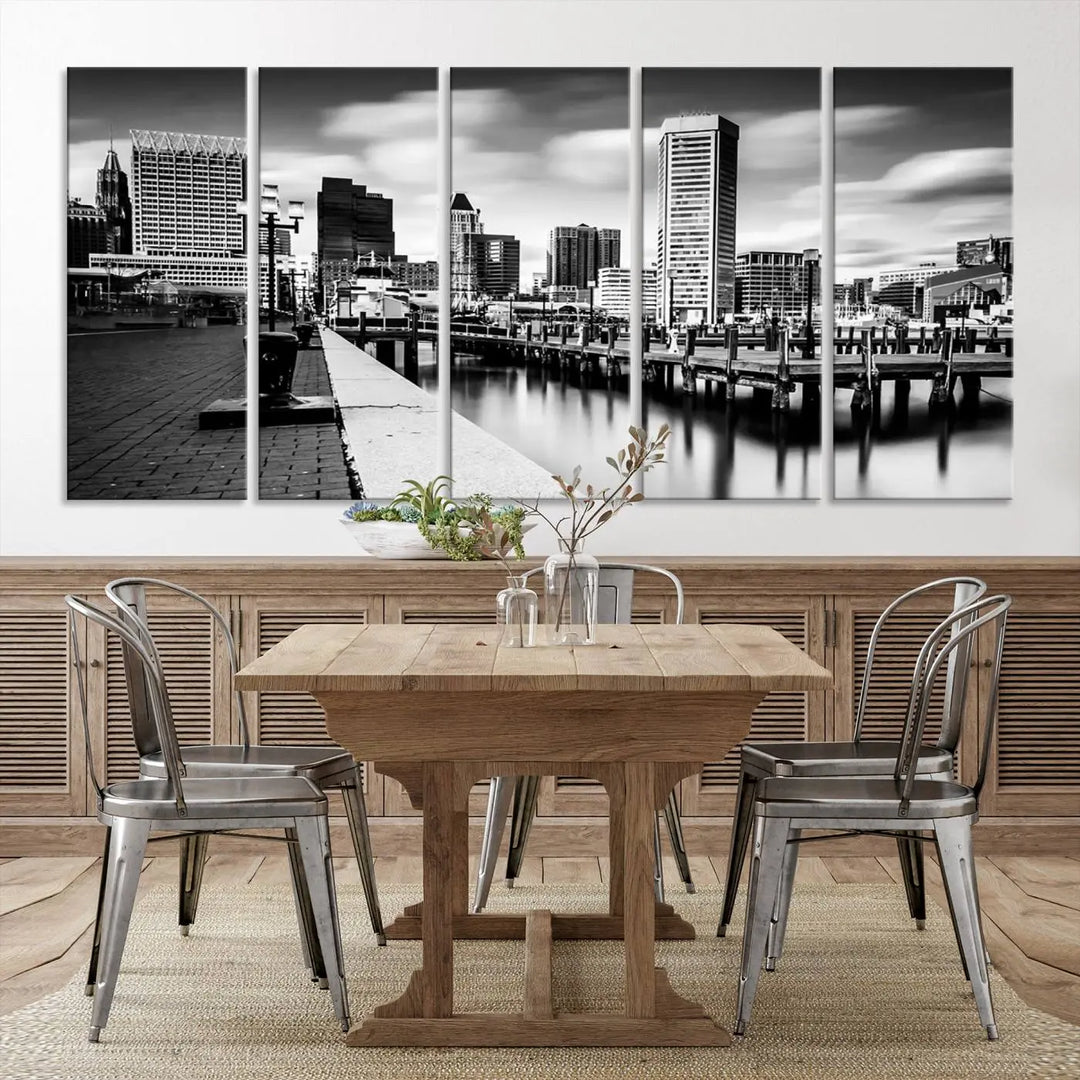 The Baltimore City Cloudy Skyline Black and White Wall Art Cityscape Canvas Print, crafted with museum-quality standards and a UV-protective coating, showcases timeless elegance by professional craftsmen.