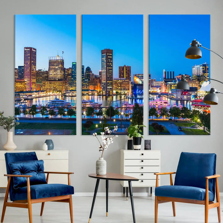 Baltimore City Lights Blue Skyline Cityscape View Wall Art Canvas Print 