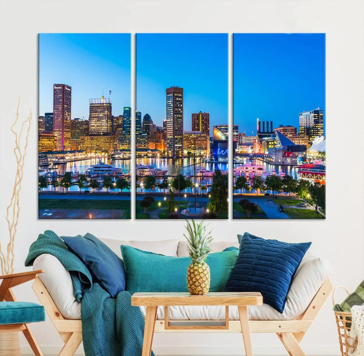 Baltimore City Lights Blue Skyline Cityscape View Wall Art Canvas Print 