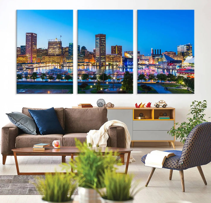 Baltimore City Lights Blue Skyline Cityscape View Wall Art Canvas Print 