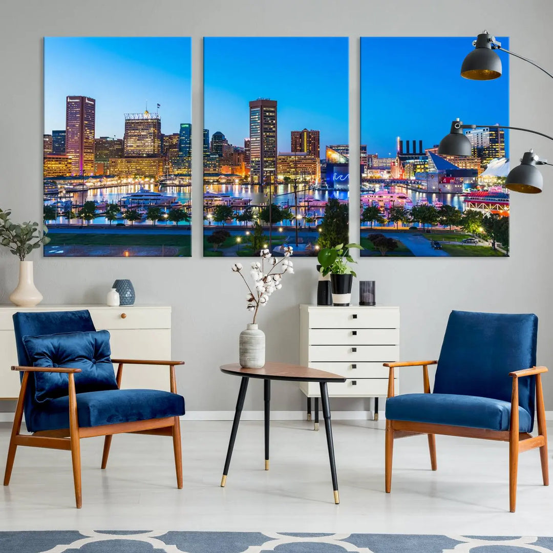 The Baltimore City Lights Blue Skyline Cityscape View Wall Art Canvas Print, a three-panel depiction of a city skyline at dusk on museum-quality canvas, adorns the area, showcasing an elegant evening cityscape.