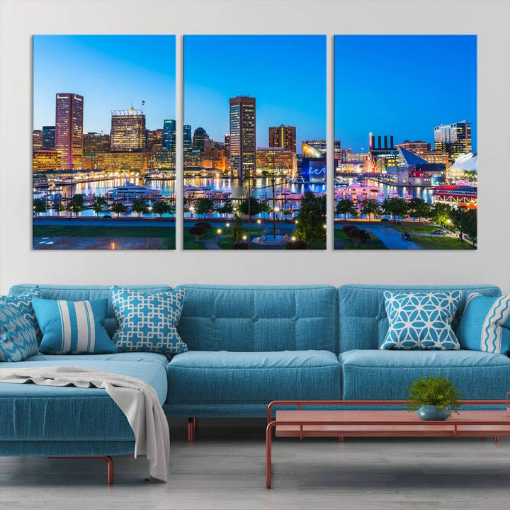 Baltimore City Lights Blue Skyline Cityscape View Wall Art Canvas Print 