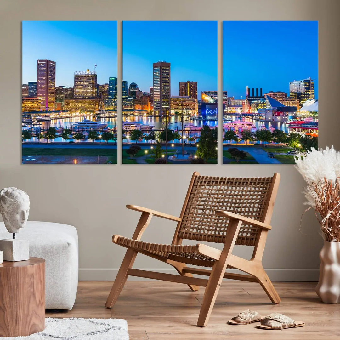 Baltimore City Lights Blue Skyline Cityscape View Wall Art Canvas Print 