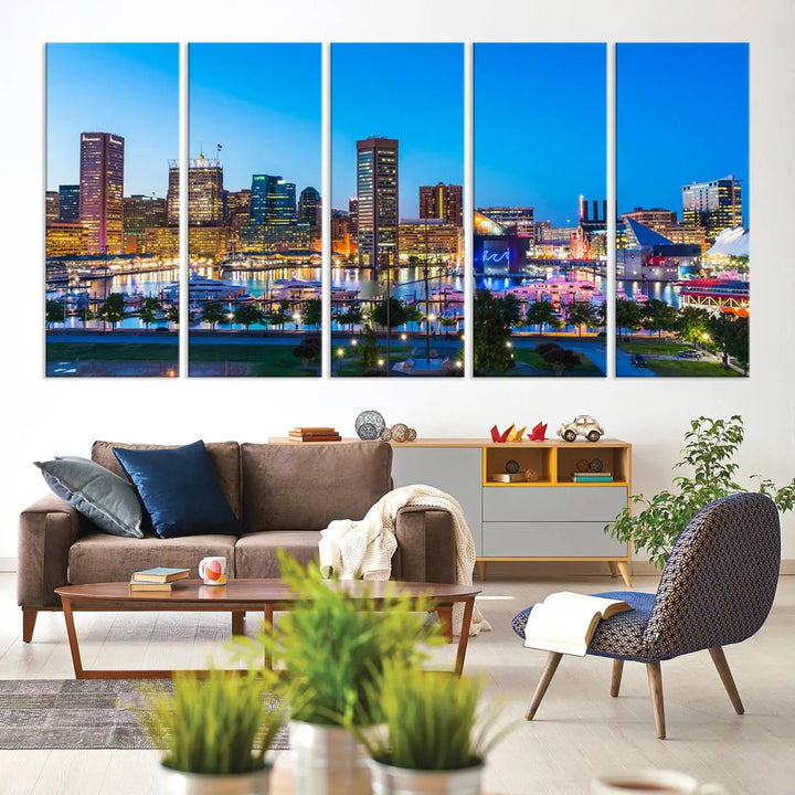 Baltimore City Lights Blue Skyline Cityscape View Wall Art Canvas Print 