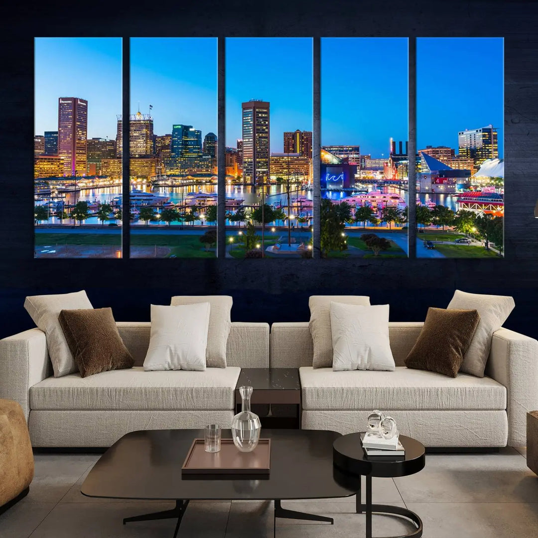 The Baltimore City Lights Blue Skyline Cityscape View Wall Art Canvas Print, a three-panel depiction of a city skyline at dusk on museum-quality canvas, adorns the area, showcasing an elegant evening cityscape.