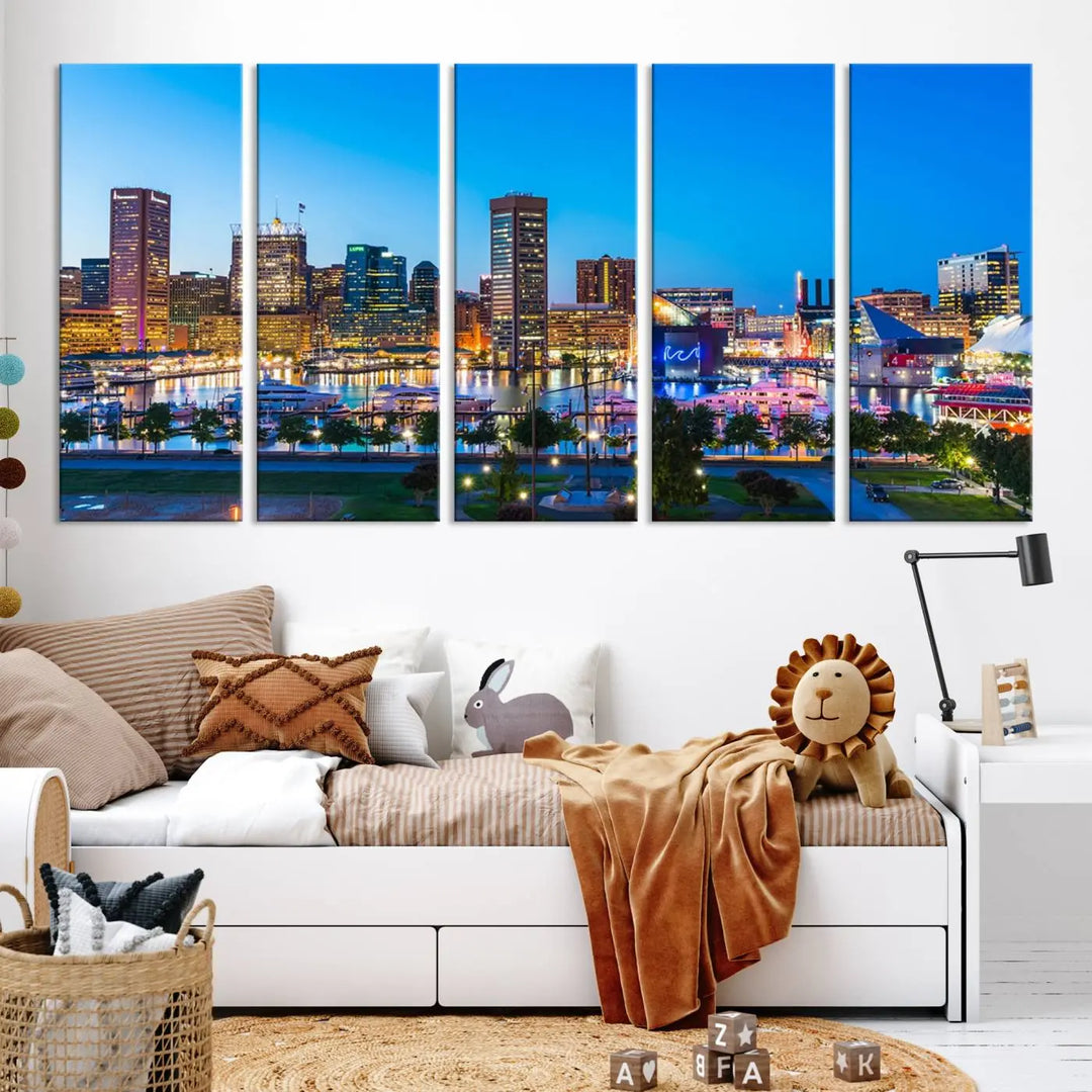 The Baltimore City Lights Blue Skyline Cityscape View Wall Art Canvas Print, a three-panel depiction of a city skyline at dusk on museum-quality canvas, adorns the area, showcasing an elegant evening cityscape.