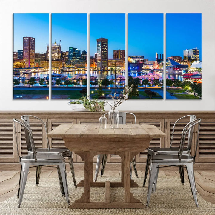 The Baltimore City Lights Blue Skyline Cityscape View Wall Art Canvas Print, a three-panel depiction of a city skyline at dusk on museum-quality canvas, adorns the area, showcasing an elegant evening cityscape.