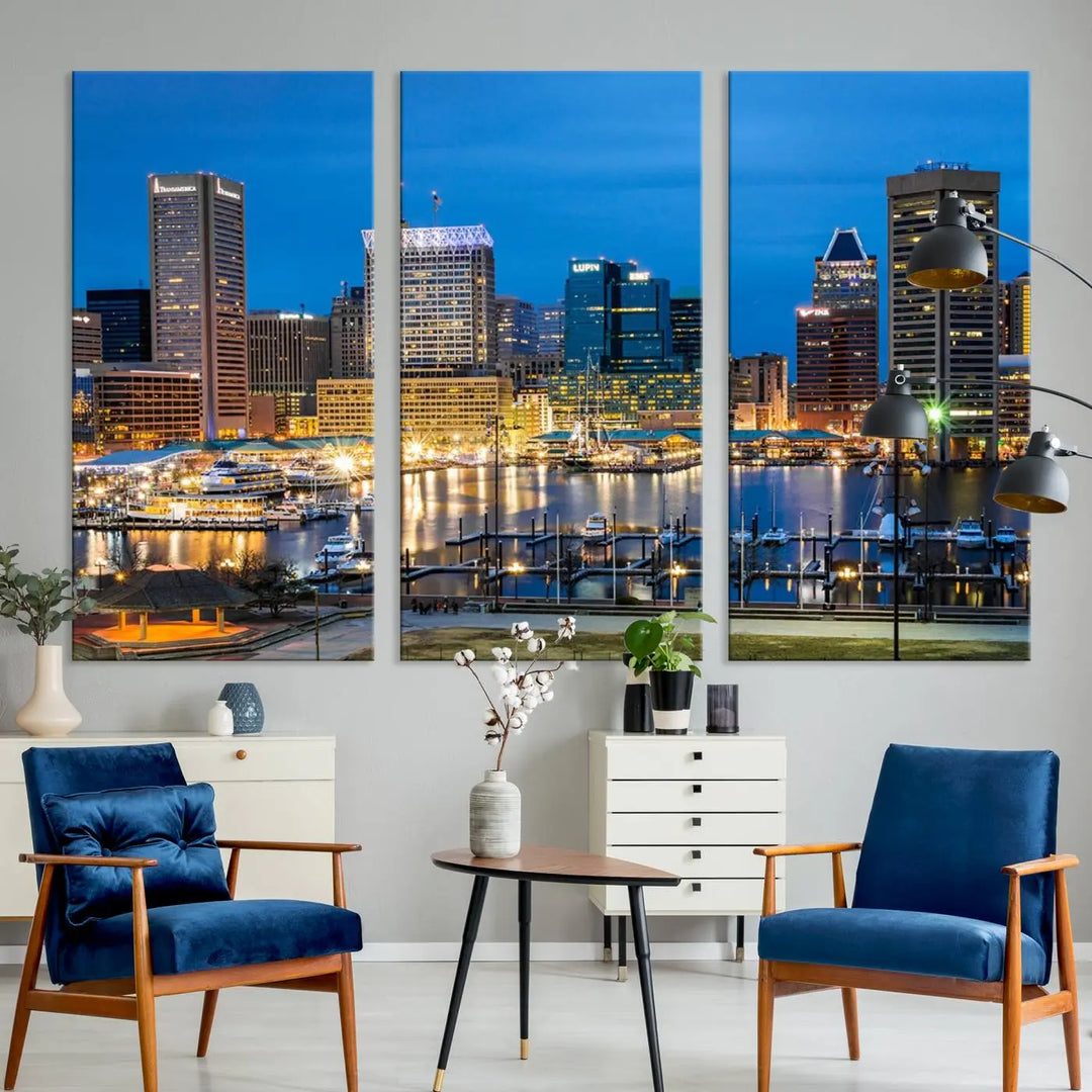 The "Baltimore City Lights Cityscape View Wall Art Canvas Print" graces the wall with its museum-quality craftsmanship and satin varnish. This masterpiece is ready to hang and brings an elegant touch to any space.