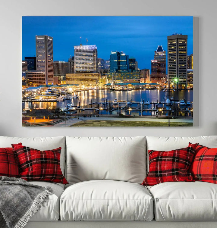 The "Baltimore City Lights Cityscape View Wall Art Canvas Print" graces the wall with its museum-quality craftsmanship and satin varnish. This masterpiece is ready to hang and brings an elegant touch to any space.