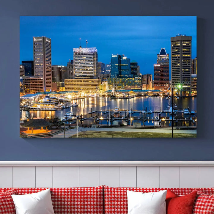 The "Baltimore City Lights Cityscape View Wall Art Canvas Print" graces the wall with its museum-quality craftsmanship and satin varnish. This masterpiece is ready to hang and brings an elegant touch to any space.