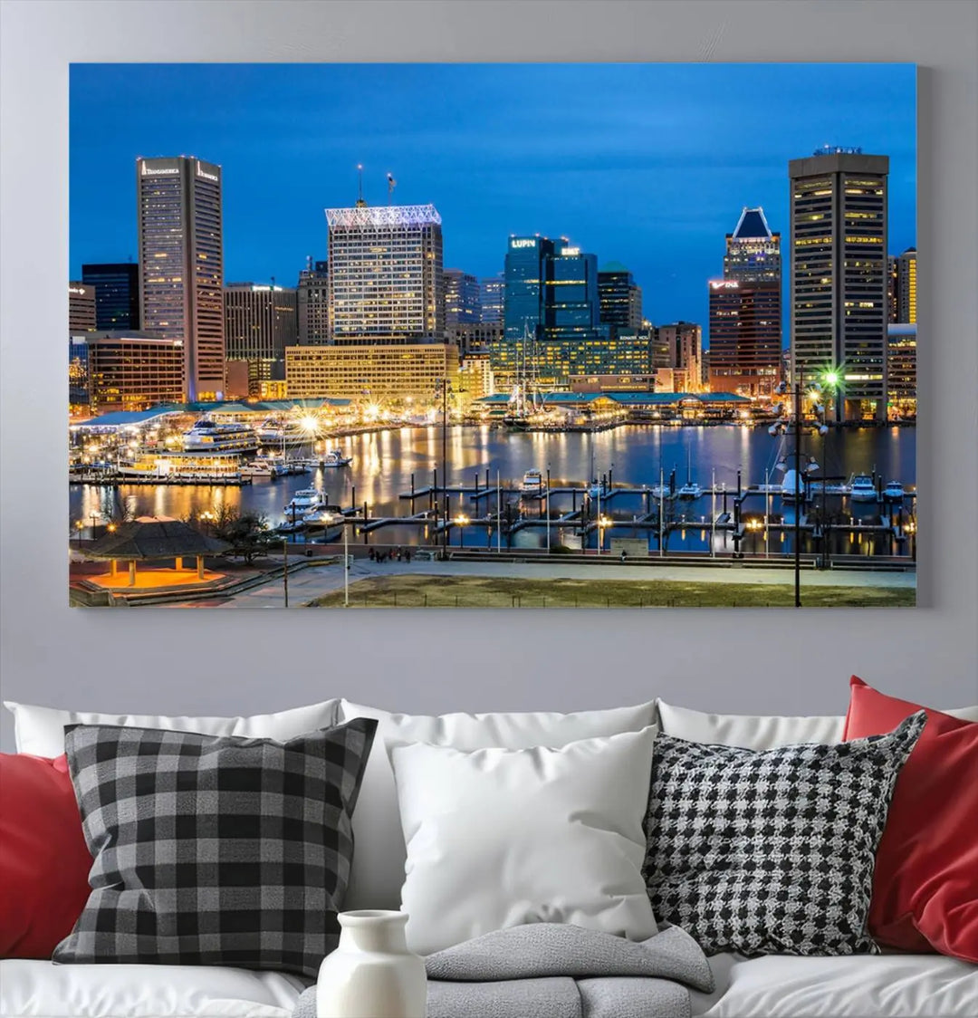 The "Baltimore City Lights Cityscape View Wall Art Canvas Print" graces the wall with its museum-quality craftsmanship and satin varnish. This masterpiece is ready to hang and brings an elegant touch to any space.