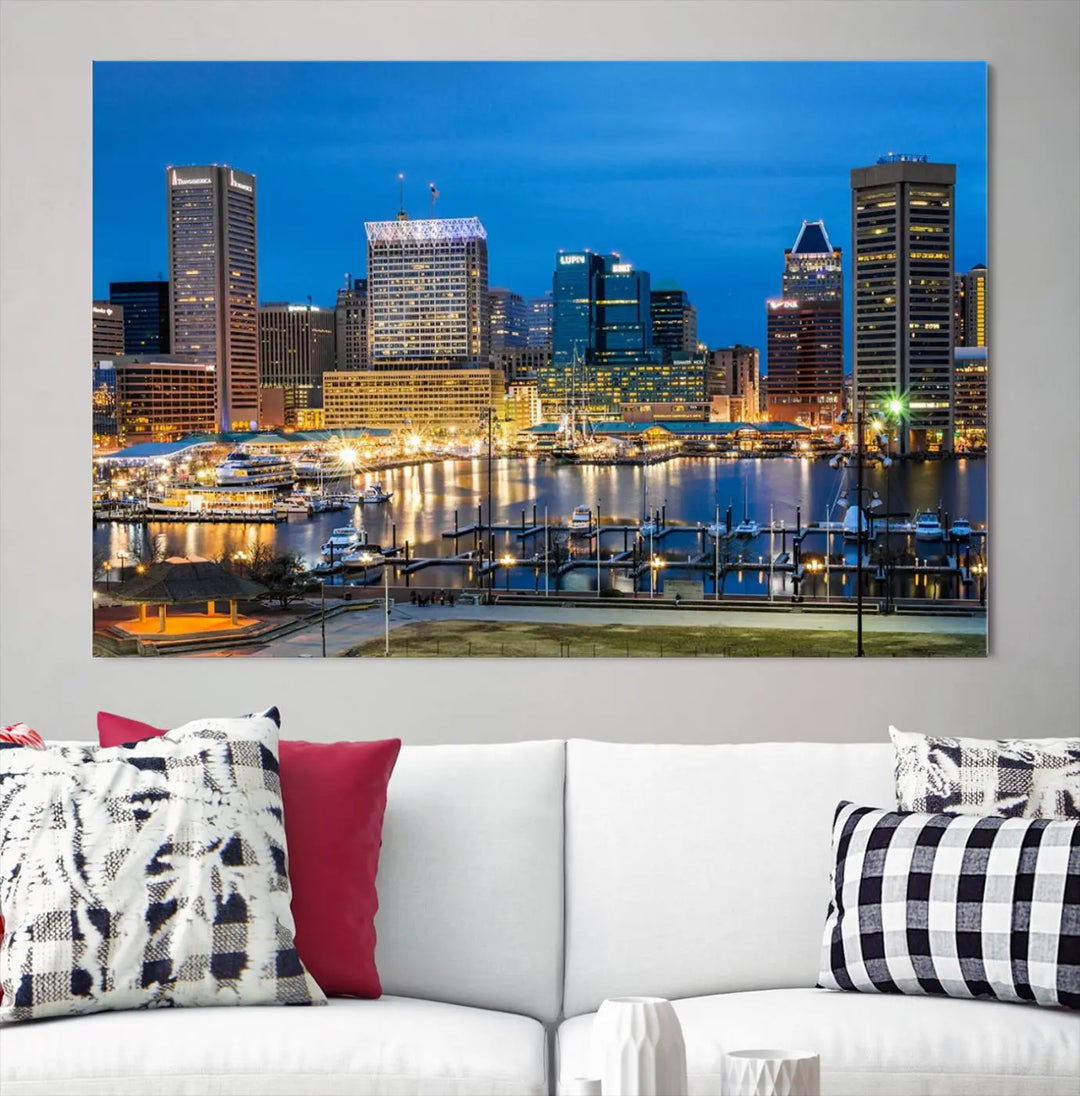 The "Baltimore City Lights Cityscape View Wall Art Canvas Print" graces the wall with its museum-quality craftsmanship and satin varnish. This masterpiece is ready to hang and brings an elegant touch to any space.