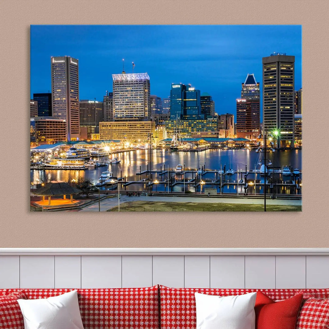 The "Baltimore City Lights Cityscape View Wall Art Canvas Print" graces the wall with its museum-quality craftsmanship and satin varnish. This masterpiece is ready to hang and brings an elegant touch to any space.