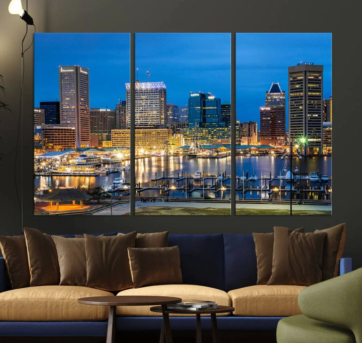 The "Baltimore City Lights Cityscape View Wall Art Canvas Print" graces the wall with its museum-quality craftsmanship and satin varnish. This masterpiece is ready to hang and brings an elegant touch to any space.