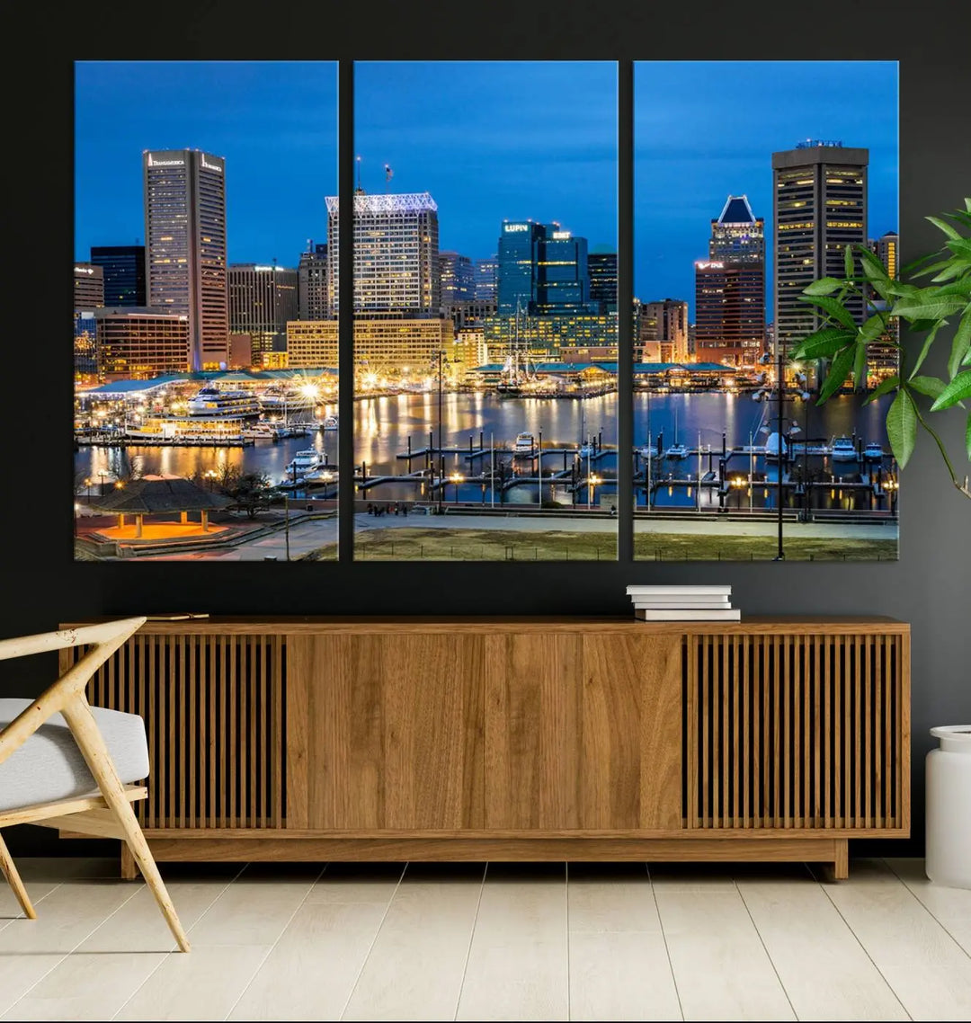 The "Baltimore City Lights Cityscape View Wall Art Canvas Print" graces the wall with its museum-quality craftsmanship and satin varnish. This masterpiece is ready to hang and brings an elegant touch to any space.