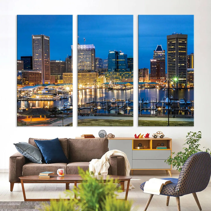 The "Baltimore City Lights Cityscape View Wall Art Canvas Print" graces the wall with its museum-quality craftsmanship and satin varnish. This masterpiece is ready to hang and brings an elegant touch to any space.