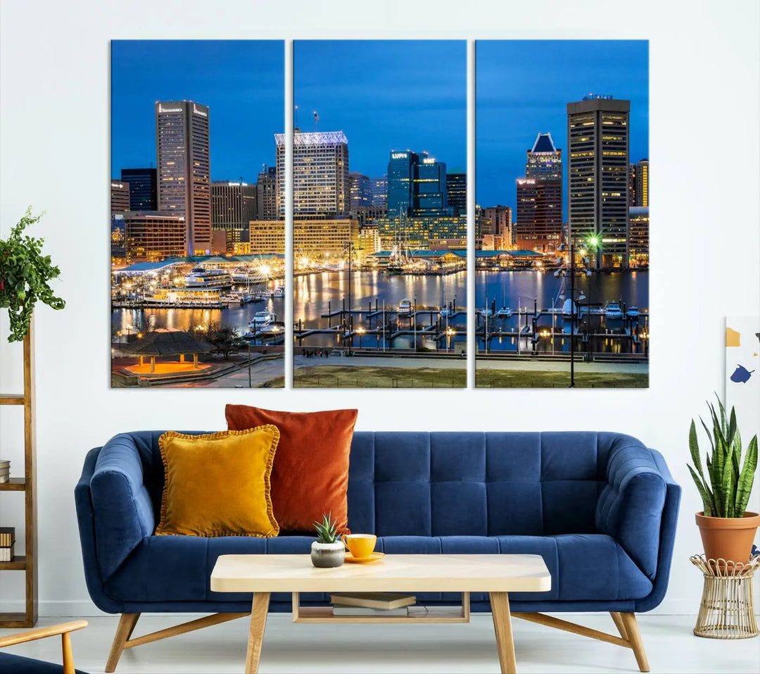 The "Baltimore City Lights Cityscape View Wall Art Canvas Print" graces the wall with its museum-quality craftsmanship and satin varnish. This masterpiece is ready to hang and brings an elegant touch to any space.