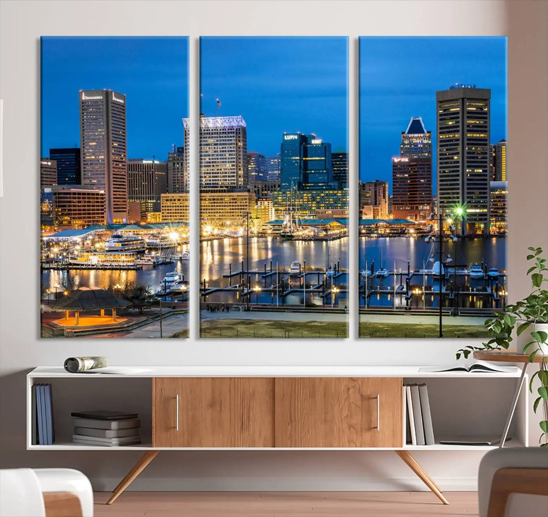 The "Baltimore City Lights Cityscape View Wall Art Canvas Print" graces the wall with its museum-quality craftsmanship and satin varnish. This masterpiece is ready to hang and brings an elegant touch to any space.