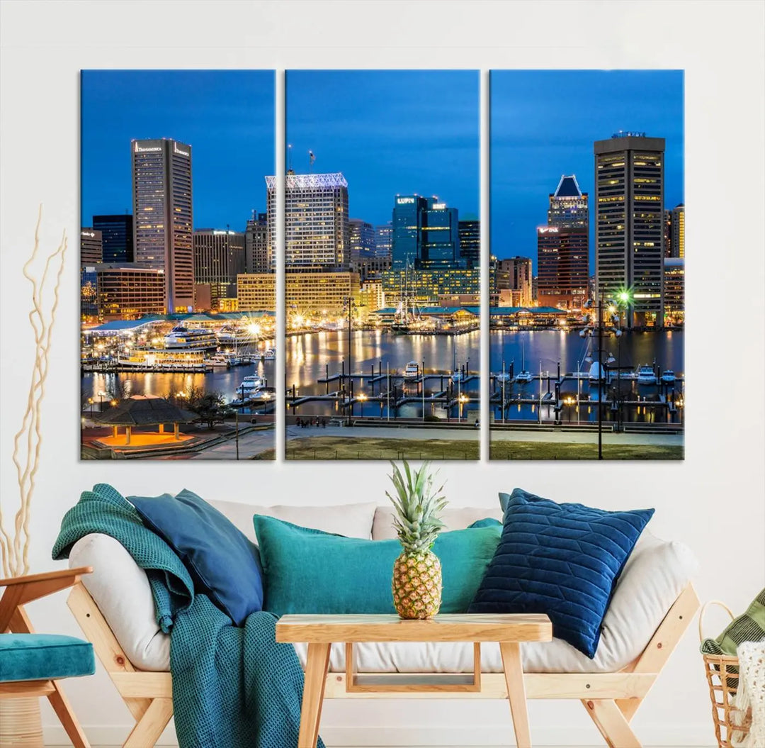 The "Baltimore City Lights Cityscape View Wall Art Canvas Print" graces the wall with its museum-quality craftsmanship and satin varnish. This masterpiece is ready to hang and brings an elegant touch to any space.