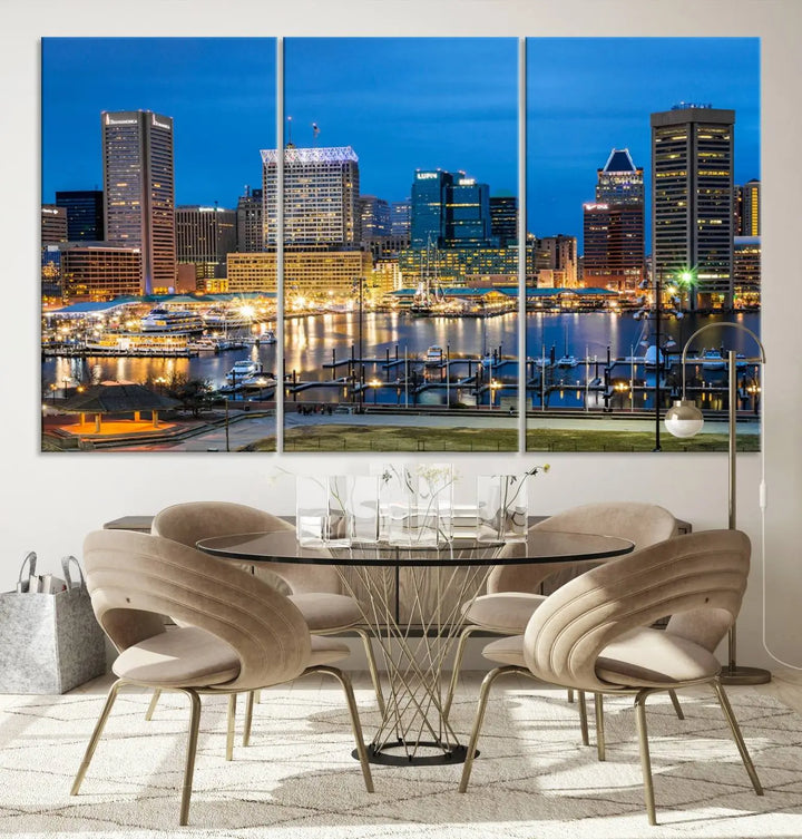 The "Baltimore City Lights Cityscape View Wall Art Canvas Print" graces the wall with its museum-quality craftsmanship and satin varnish. This masterpiece is ready to hang and brings an elegant touch to any space.